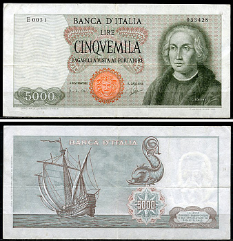 Италия 5000 лир 1964 Кристофор Колумб, Парусник Санта Мария, Pick 98a бумага 451-718-1