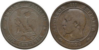 Франция 10 сантимов 1856 A, Наполеон III (1852-1870) KM 771.1, Le Franc 133.32 бронза 32-922