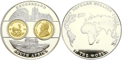 ЮАР медаль 1998 серия самые известные монеты мира, золотой крюгеранд сертификат, диаметр 50 мм.  посеребренный медно-никель  PROOF  1066-10-32