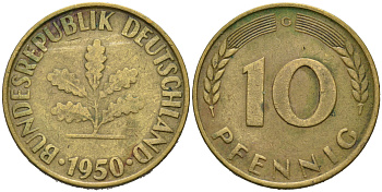 ФРГ 10 пфеннигов 1950 G KM 108, J.383 сталь плакированная латунью 4681-1122
