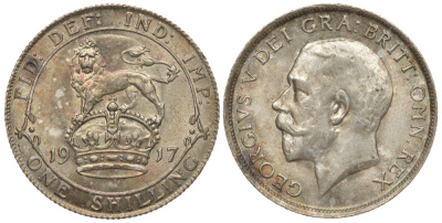 Великобритания 1 шиллинг 1917 Георг V (1910-1936) KM 816, Spink 4013 серебро aUNC 1074-8-65