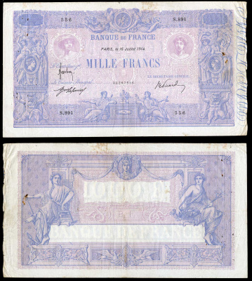 Франция 1000 франков 1914 16 июля 1914, подпись Frachon, J. Laferriere and E. Picard Pick 67g бумага 451-26-1