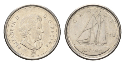 Канада 10 центов 2012 Leaf, Елизавета II (1952-2022), парусник KM 492 сталь плакированная никелем UNC 4689-631
