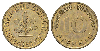 ФРГ 10 пфеннигов 1950 J KM 108, J. 383 сталь плакированная латунью 4697-556
