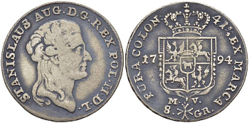 Польша 8 грошей (2 злотых) 1794 MV, Станислав II Август Понятовский (1764-1794), вес 9,2 г KM 209.1 (C54), Kopinski 412.8а серебро 00-809-71