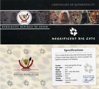 Конго набор из 4 монет по 30 франков 2011 серия 'Величественные крупные кошки', тигр, леопард, гепард, лев, вес каждой монеты 20 гр., тираж 3000 наборов, эмаль, в оригинальной деревянной коробке с сертификатом серебро PROOF 4-3-2-08