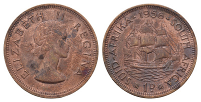 ЮАР 1 пенни 1956 Елизавета II (1952-2022), парусник KM 46 бронза 4692-213