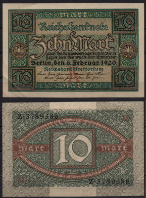 Германия 10 марок 1920 Pick 67a бумага 8602-33-2-1