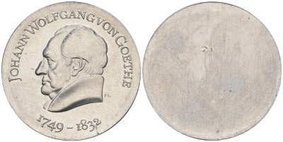 ГДР 20 марок 1969 220 лет со дня рождения Иоганна Вольфганга фон Гёте, односторонний алюминиевый чекан на лицевой стороне, тираж 300 штук J. 1525A алюминий UNC 00-820-55