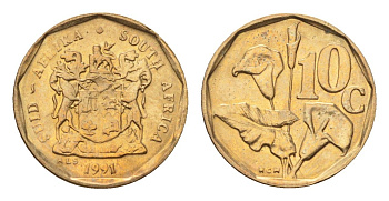 ЮАР 10 центов 1991 герб, цветок алоэ KM 135 сталь плакированная бронзой UNC 4694-637
