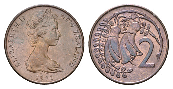 Новая Зеландия 2 цента 1971 Елизавета II (1952-2022), два цветка каухаи KM 32.1 бронза  UNC M84-13