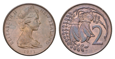 Новая Зеландия 2 цента 1971 Елизавета II (1952-2022), два цветка каухаи KM 32.1 бронза  UNC M84-13