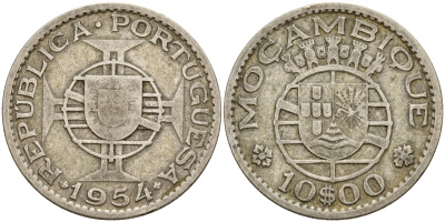 Португальский Мозамбик 10 эскудо 1954 KM 79 серебро 4595-253