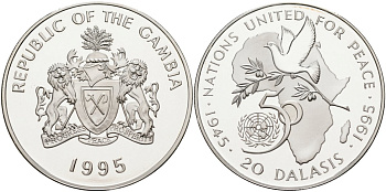 Гамбия 20 даласи 1995 50 лет ООН KM 37а серебро PROOF 1098-1-54