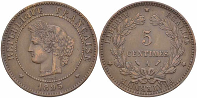 ФРАНЦИЯ 5 САНТИМОВ 1893 А, ТРЕТЬЯ РЕСПУБЛИКА (1871-1940) KM 821.1, LE FRANC 118.36 бронза 108-642