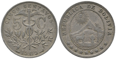 БОЛИВИЯ 5 СЕНТАВО 1909 РЕСПУБЛИКА KM 173.3 медно-никель 34-644