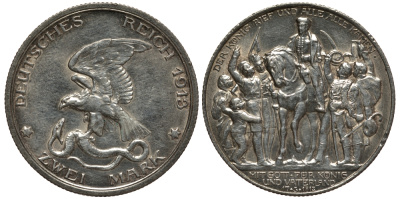 Пруссия 2 марки 1913 A, Вильгельм II (1888-1918), 100 лет победы над Наполеоном J.109, Weege 109, KM 532 серебро 3711-934