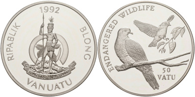 Вануату 50 вату 1992 серия охрана окружающей среды, птицы на ветке KM 13 серебро PROOF 1074-3-34