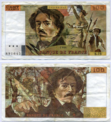 ФРАНЦИЯ 100 ФРАНКОВ 1984 ДЕЛАКРУА Pick 154b бумага 6289-8-1
