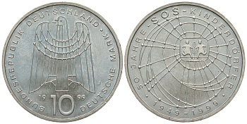 ФРГ 10 марок 1999 J, 50 лет организации защиты детей KM 198 серебро UNC 413-6224