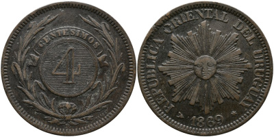 УРУГВАЙ 4 СЕНТЕСИМО 1869 Н, МОНДВОР БИРМИНГЕМ KM 13 бронза 4527-1111