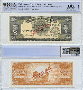 Филиппины 20 песо 1949 пробник, SPECIMEN, подпись 5, TDLR, в слабе PCGS 66 Gem UNC Pick 137s3  бумага  UNC (пресс) 452-1-113