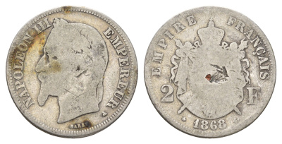 Франция 2 франка 1868 A, Наполеон III (1852-1870) KM 807 серебро 93-314