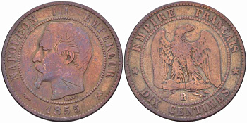 Франция 10 сантимов 1855 B, Наполеон III (1852-1870) KM 771.2, Le Franc 133.21 бронза  4680-536