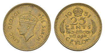 Цейлон 25 центов 1951 KM 122 никель латунь UNC 4643-259