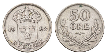 Швеция 50 эре 1928 Густав V (1907-1950) KM 788 серебро 83-1246