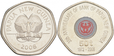 Папуа-Новая Гвинея 50 тойя 2008 35 лет банку Папуа-Новая Гвинея, цветная эмаль KM 54 никелированная сталь UNC M26-01