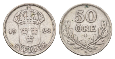 Швеция 50 эре 1928 Густав V (1907-1950) KM 788 серебро 83-1246
