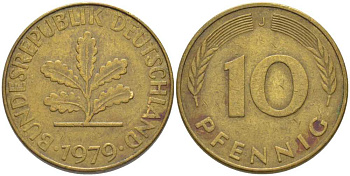 ФРГ 10 пфеннигов 1979 J KM 108, J. 383 сталь плакированная латунью 175-746
