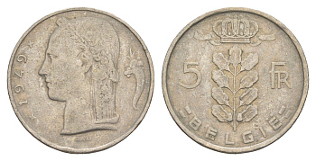 Бельгия 5 франков 1949 Belgie, Леопольд III (1934-1951) KM 135.1 медно-никель 4539-253