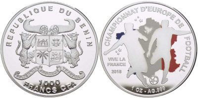 Бенин 1000 франков 2016 Чемпионат Европы по футболу во Франции, эмаль KM NEW серебро PROOF 06-204-21