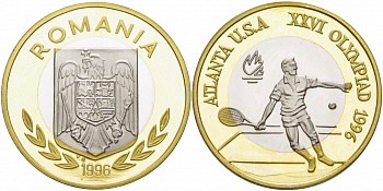 Румыния 100 леев 1996 XXVI Олимпийские игры 1996 года в Атланте, 100 лет Олимпийскому движению, большой теннис, пробный выпуск KM PnB 315.C биметалл  PROOF  11-204-31