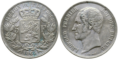 Бельгия 5 франков 1865 Леопольд I (1831-1865) KM 17 серебро 00-1067-6-31