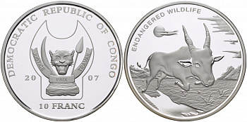 Конго 10 франков 2007 серия исчезающие животные, антилопа серебро PROOF 04-268-33 М19-20