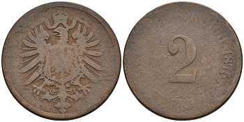 Германия 2 пфеннига 1875 C, старогербовка KM 2, J. 2 медь 4575-637