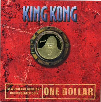 Новая Зеландия 1 доллар 2005 Кинг Конг, в оригинальном буклете, цветная эмаль KM 159 алюминиевая бронза UNC 1-4-4-18