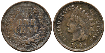 США 1 ЦЕНТ 1906 ГОЛОВА ИНДЕЙЦА KM 90а бронза 66-168