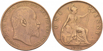 Великобритания 1 пенни 1906 Эдуард VII (1901-1910) KM 794.2, Spink 3990 бронза 51-4226