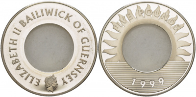 Гернси 5 фунтов 1999 миллениум, монета необычной формы KM 86 серебро PROOF 11-091-44