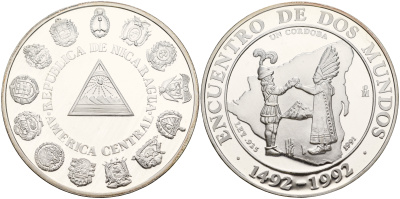 Никарагуа 1 кордоба 1991 встреча двух миров, конкистадор и вождь индейцев KM 77 серебро PROOF 11-082-24