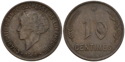 Люксембург 10 сантимов 1930 Шарлотта (1918-1964) KM 41 бронза 4577-644