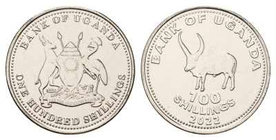 Уганда 100 шиллингов 2022 африканский бык KM 67 a сталь плакированная никелем  UNC  M23-04
