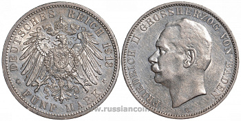 Баден 5 марок 1913 G, Фридрих II (1907-1918) Weege 40, J. 40, KM 281 серебро aUNC 00-819-60