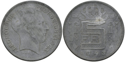 Бельгия 5 франков 1943 BELGES, Леопольд III (1934-1947) KM 129.1 цинк 4579-252