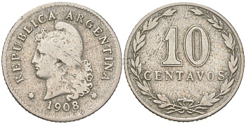 Аргентина 10 сентаво 1908 KM 35 медно-никель 4621-1049