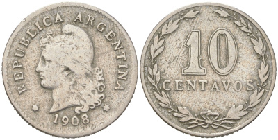 Аргентина 10 сентаво 1908 KM 35 медно-никель 4621-1049